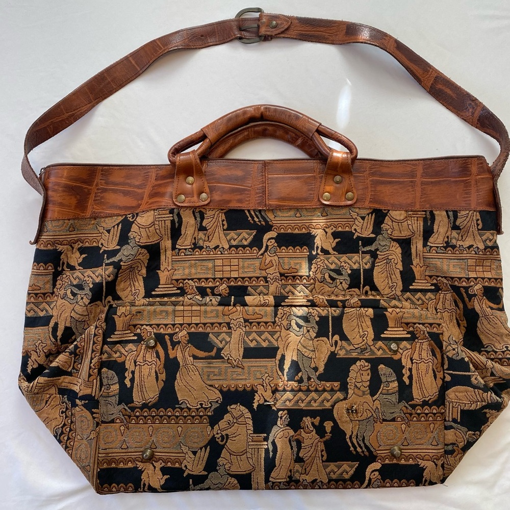 Woven Tapestry Shoulder Bag with Brown Leather Trim - Picture 7 of 16
